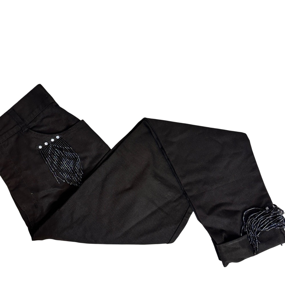 Vintage Fantasy Sportswear Beaded Fringe Pants Black Womens 8 USA Western Glam